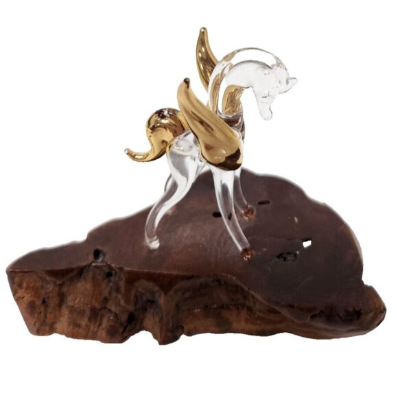 Vintage Crystal Glass Clear Gold Pegasusus Figurine Miniature Wood Pedestal - Picture 1 of 9